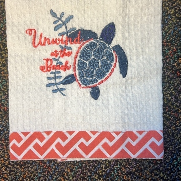 Embroidered Waffle Towel. White Towel with a Turtle & “Unwind at the Beach” - Picture 6 of 6